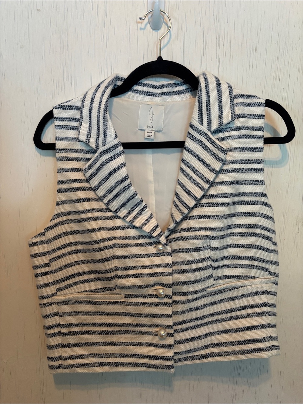 Joie Navy & cream Striped Pearl-Button Cropped Vest